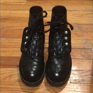 Chanel chain lace up boots with pearl deta…